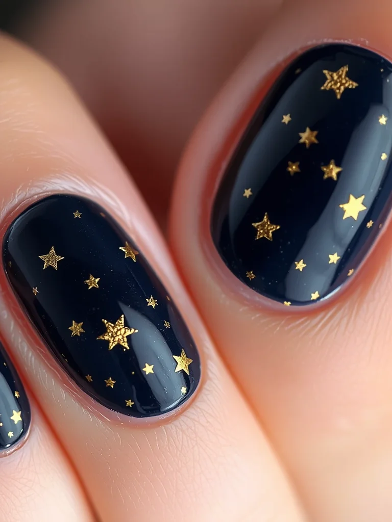 10 Sophisticated Back to School Nails Short Designs That Redefine Campus Chic 5 Short squoval nails featuring a dark base with intricate gold celestial art.