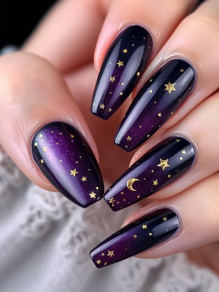 Celestial-themed coffin nails with stars and moon designs.
