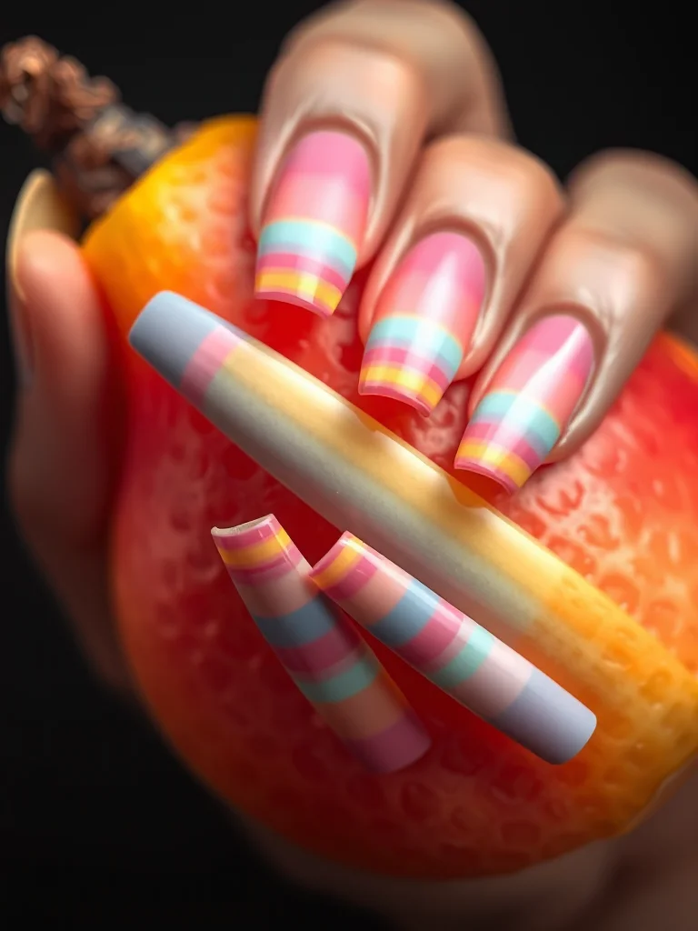 Striped Nails: 7 Chic Designs You Need to Try for Your Next Manicure 5 Long coffin nails with vibrant horizontal rainbow stripes.