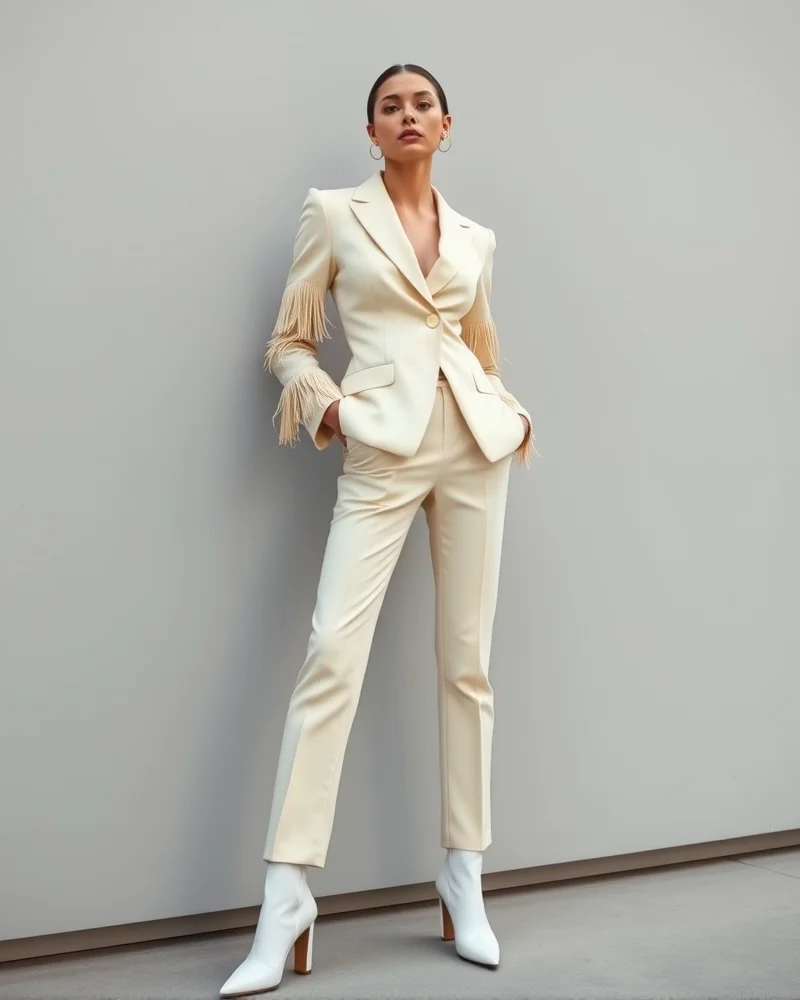 A stylish woman wearing a cream tailored suit with subtle western fringe detailing, looking professional yet festive.