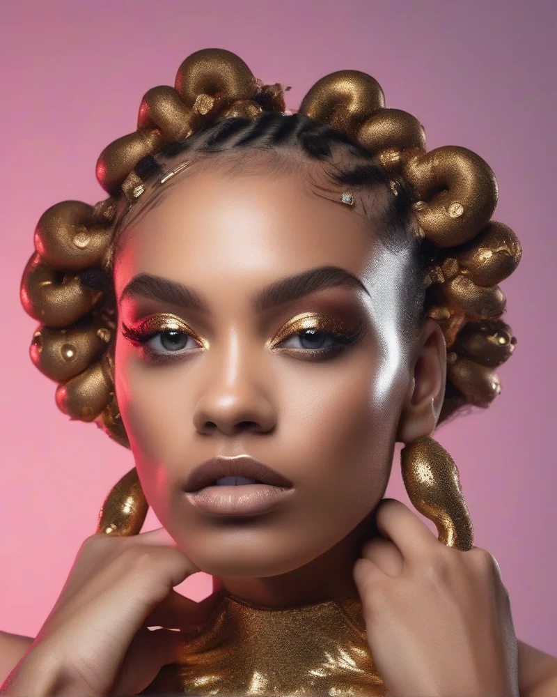 Model wearing futuristic Bantu knots with metallic wire for a sci-fi Halloween look.