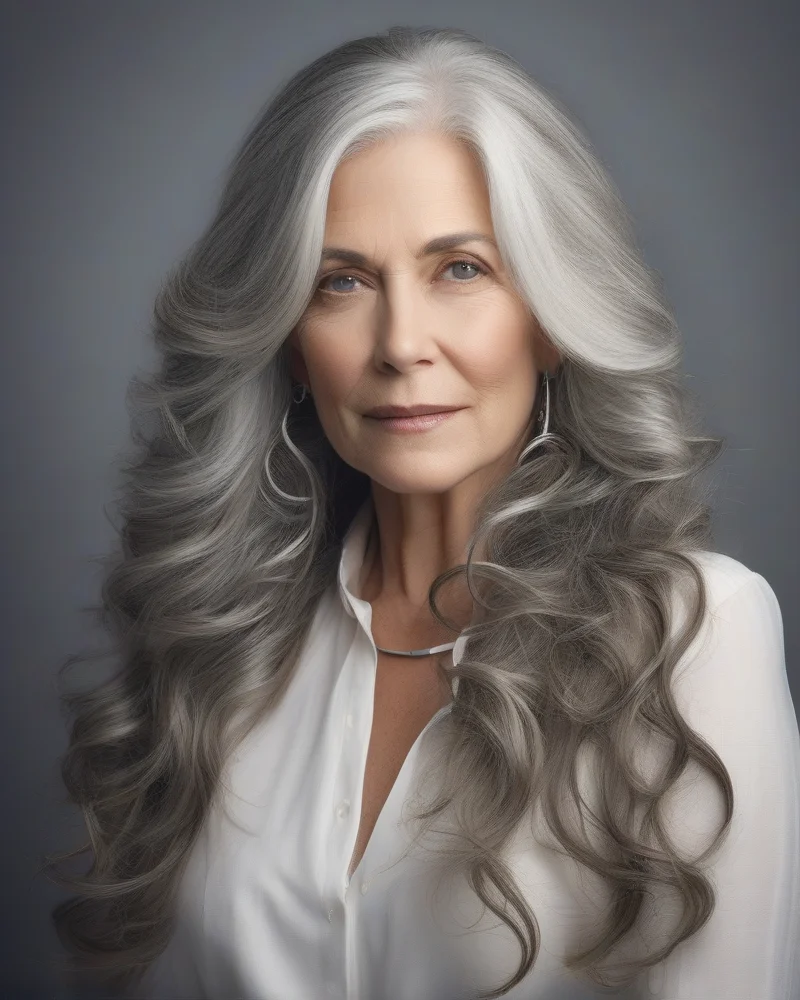 10 Timeless and Chic Senior Hairstyles for a Sophisticated Look 5 Elegant long gray hair with soft curls on a mature woman.