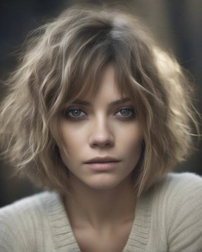 Editorial portrait featuring a shaggy haircut and a trendy 'grunge' makeup look.