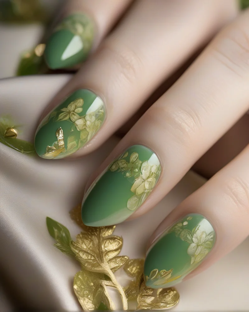 Peridot Nails: The Vibrant Green Trend Defining Luxury Manicures 5 Almond-shaped peridot nails with elegant floral nail art detailing.