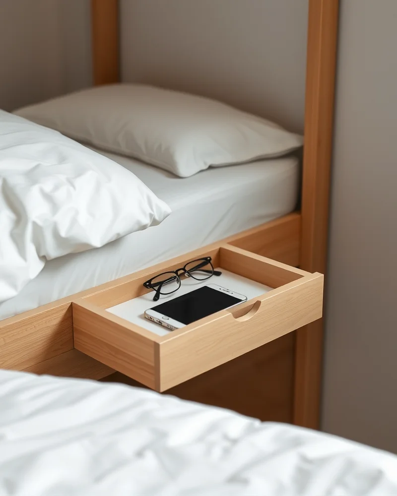 A slim bedside storage pocket tucked under a mattress in a minimalist dorm bedroom.