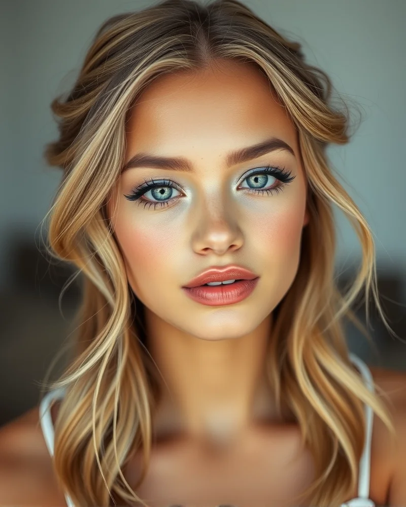 7 Viral 4th of July Makeup Looks That Will Stop the Show 5 A young woman with a romantic half-up, half-down hairstyle, wearing soft blue shimmer eyeshadow and a rosy lip gloss, captured in natural, warm light.