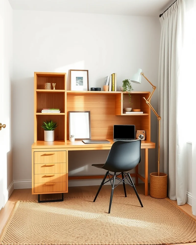 A beautiful bamboo wood hutch on a desk in a room with light, airy decor and natural textures.