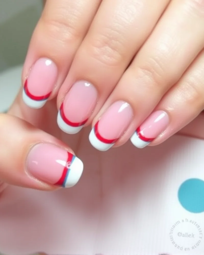 7 Viral Bomb Pop 4th Nails: The Ultimate Retro-Cool Manicure Trend 5 Short oval nails with a delicate French tip design featuring the red, white, and blue bomb pop color sequence.