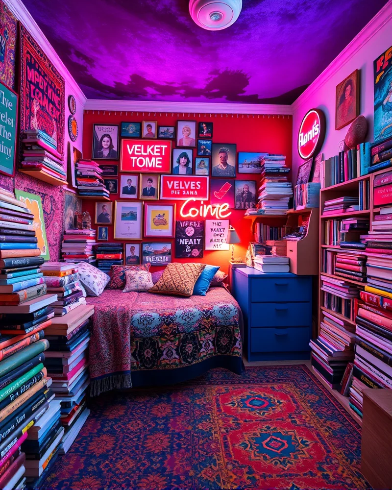 A vibrant, maximalist dorm room decorated with eclectic patterns, neon signs, and a gallery wall full of personal photos and art.