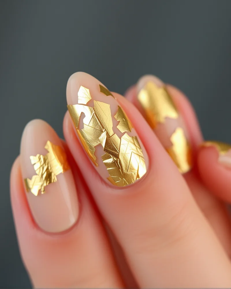 7 July Nails Trends That Will Make Your Summer Manicure Pop 5 Short almond nails with a neutral beige base layered with delicate, reflective gold leaf foil flakes.