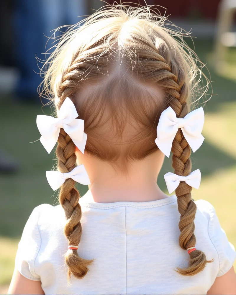 7 Patriotic 4th of July Hairstyles for Kids That Will Steal the Show 6 A young girl wearing simple, clean twisted pigtails secured with white bows, looking cheerful and comfortable.