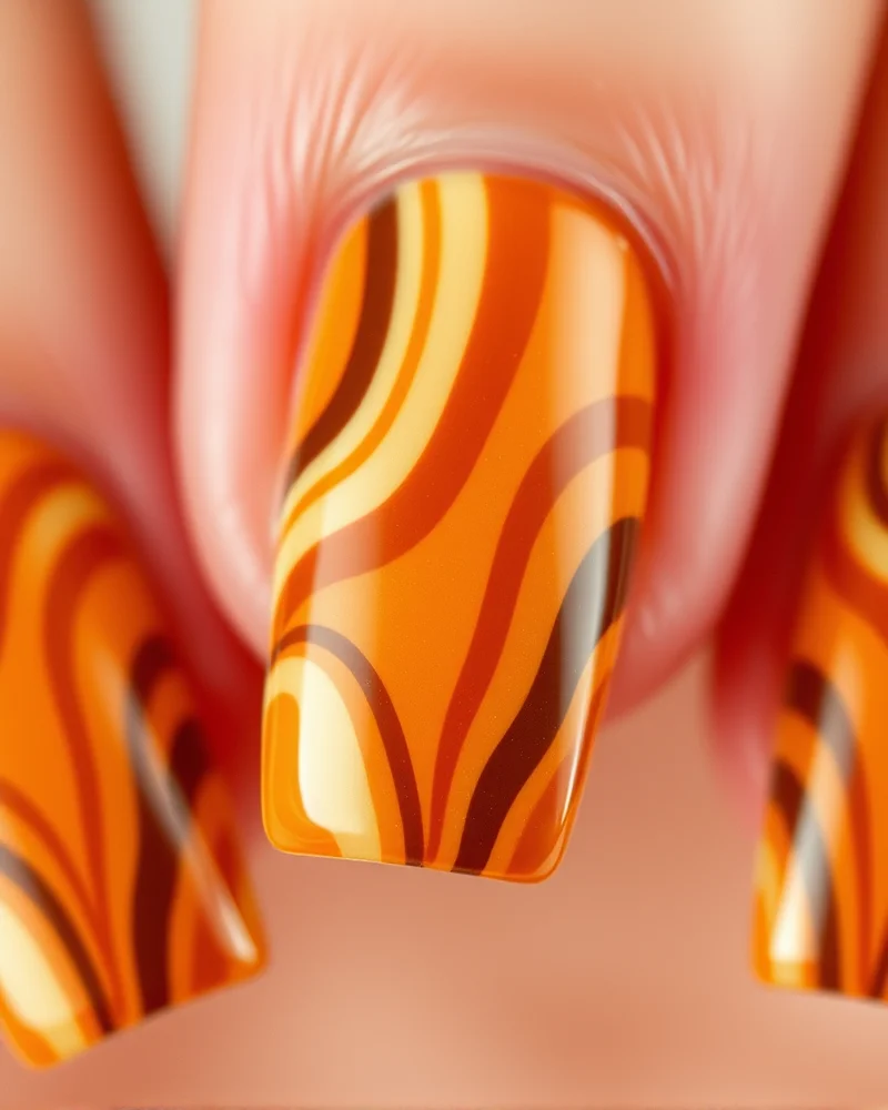 7 Viral July Nails 2026 Trends You Need to Try Before August 6 Close-up of square nails with a retro 1970s-inspired wave pattern in warm, earthy tones of amber, cream, and chocolate.