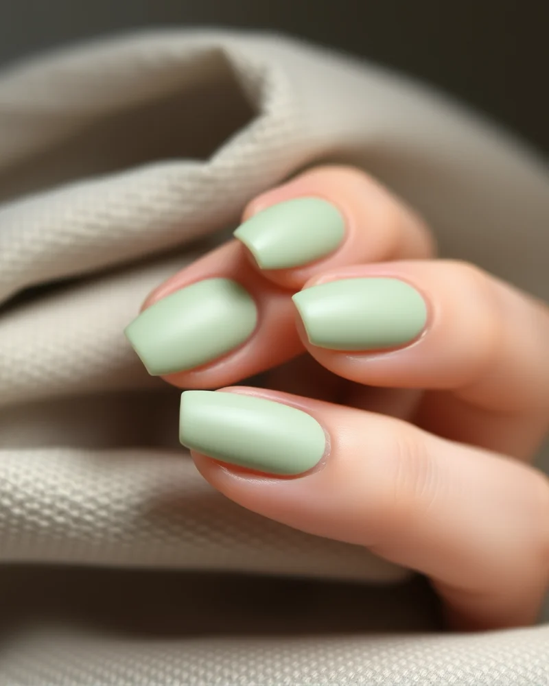 7 Viral July Nail Colors That Are Defining This Summer’s Aesthetic 6 Short oval nails in a calm, muted sage green with a soft matte finish, displayed against a textured linen background.
