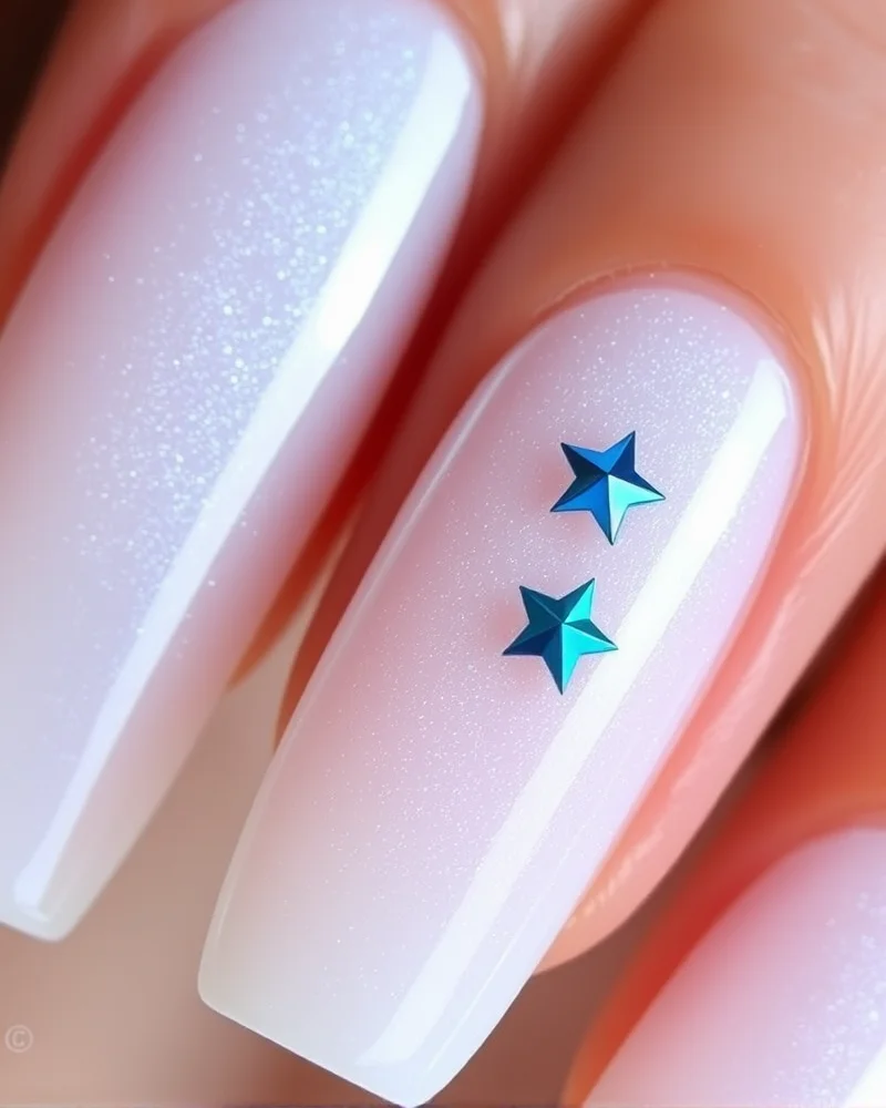 7 Viral 4th of July Simple Nails Designs You Need to Try This Summer 6 Coffin-shaped nails with an iridescent glazed finish and a small blue chrome star accent on the ring finger.