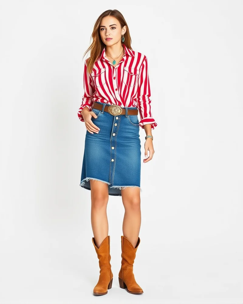 7 Viral Western 4th of July Outfit Ideas for a Stunning Americana Aesthetic 6 A woman wears a red and white striped western shirt with a denim skirt and turquoise accessories, set against a clean studio background.