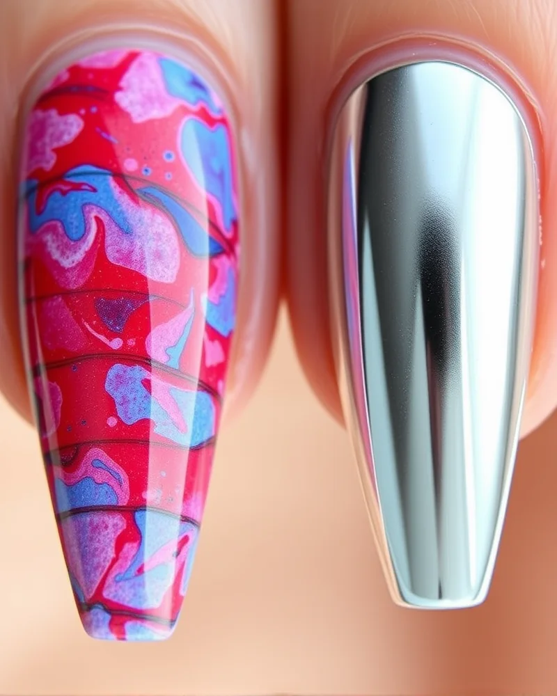 7 Viral 4th of July Nails Blooming Gel Designs You Need to Try 6 A comparison image showing stiletto nails with red/blue blooming gel on the left and a mirror-like silver chrome finish on the right.
