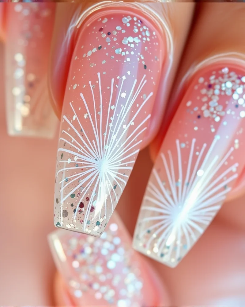 7 Viral Firework Nail Designs That Will Ignite Your Manicure Game 6 Coffin-shaped jelly nails featuring chunky glitter and white painted firework lines that appear to float beneath the clear gel.
