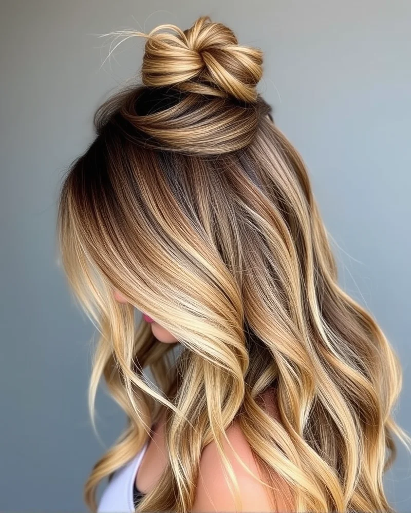 A woman with a chic half-up top knot and wavy loose hair underneath, displaying a trendy summer look.