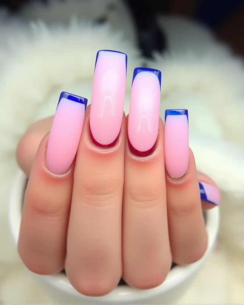 Long square-shaped nails featuring a classic French manicure style with red and blue tips and a gold accent line.