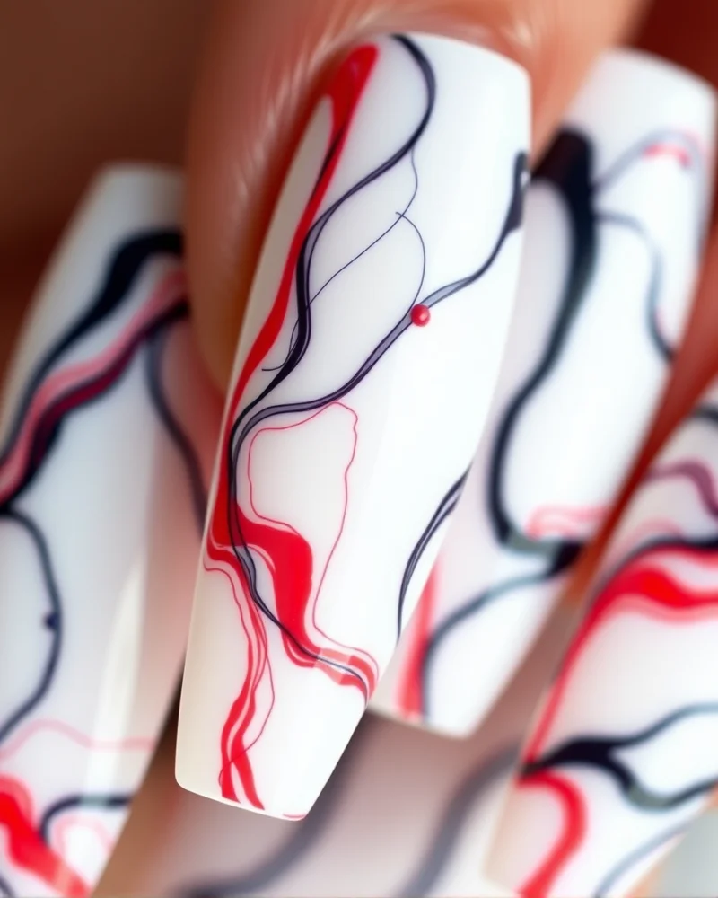 10 Chic Ways to Wear Red White and Blue Nails for Any Occasion 6 Coffin-shaped nails with a white base and fluid, artistic abstract swirls in red and navy blue.