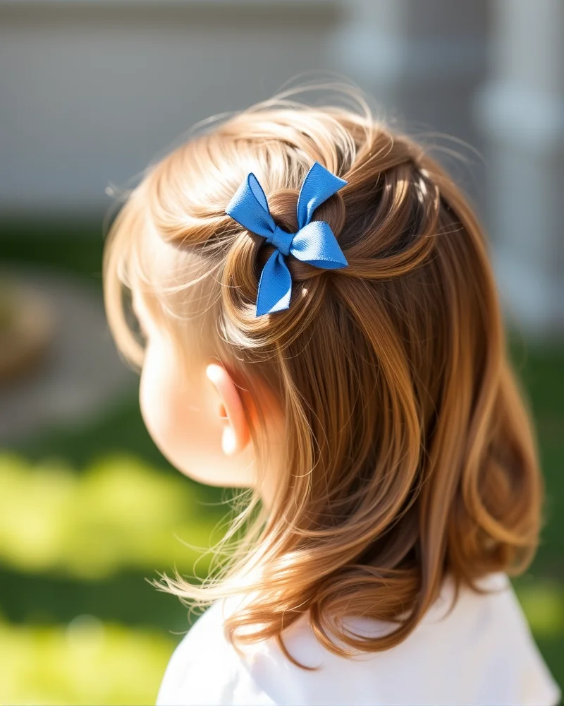 7 Viral 4th of July Toddler Hair Ideas That Stay Put All Day 6 A toddler wearing a chic half-up hairstyle featuring a hair-made bow and blue ribbons.