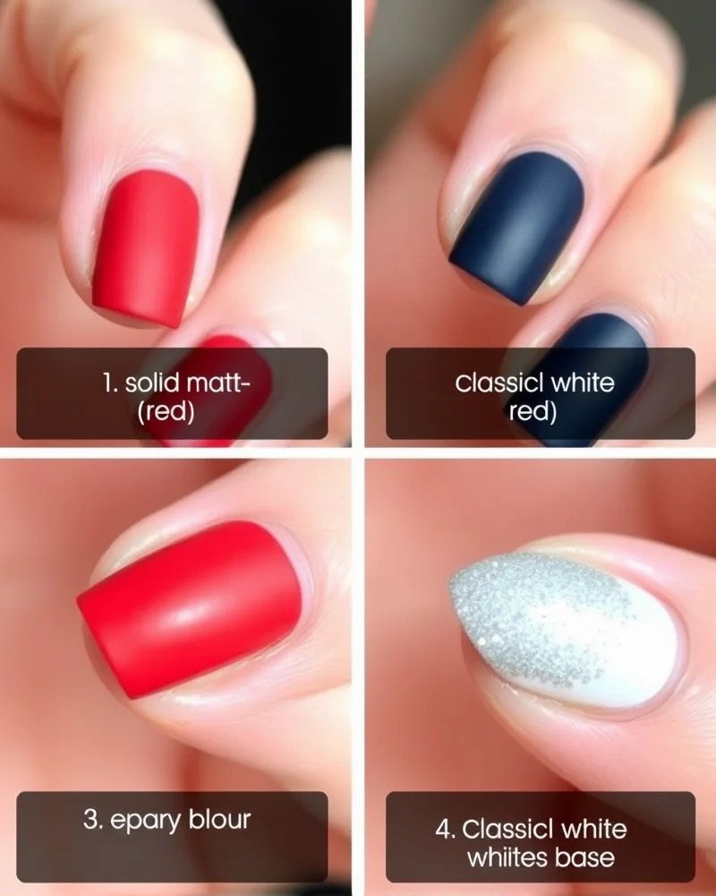 A 2x2 comparison grid of four different nail colors—red, navy blue, silver, and white—showcased on individual manicured nails.