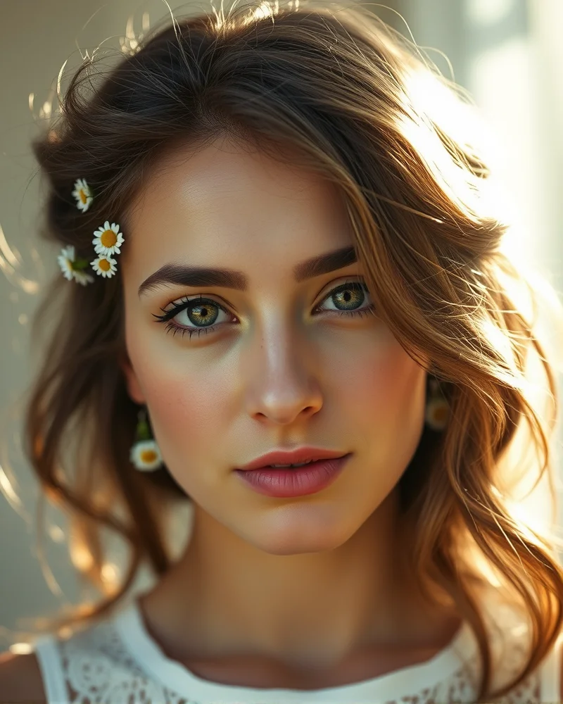 A close-up portrait of a woman with bohemian waves and delicate floral hair accessories, highlighting natural summer vibes.
