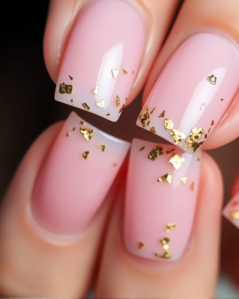 Short square nails featuring a sheer pink base with delicate gold leaf flakes applied to the tips, creating a luxurious and sparkling effect.