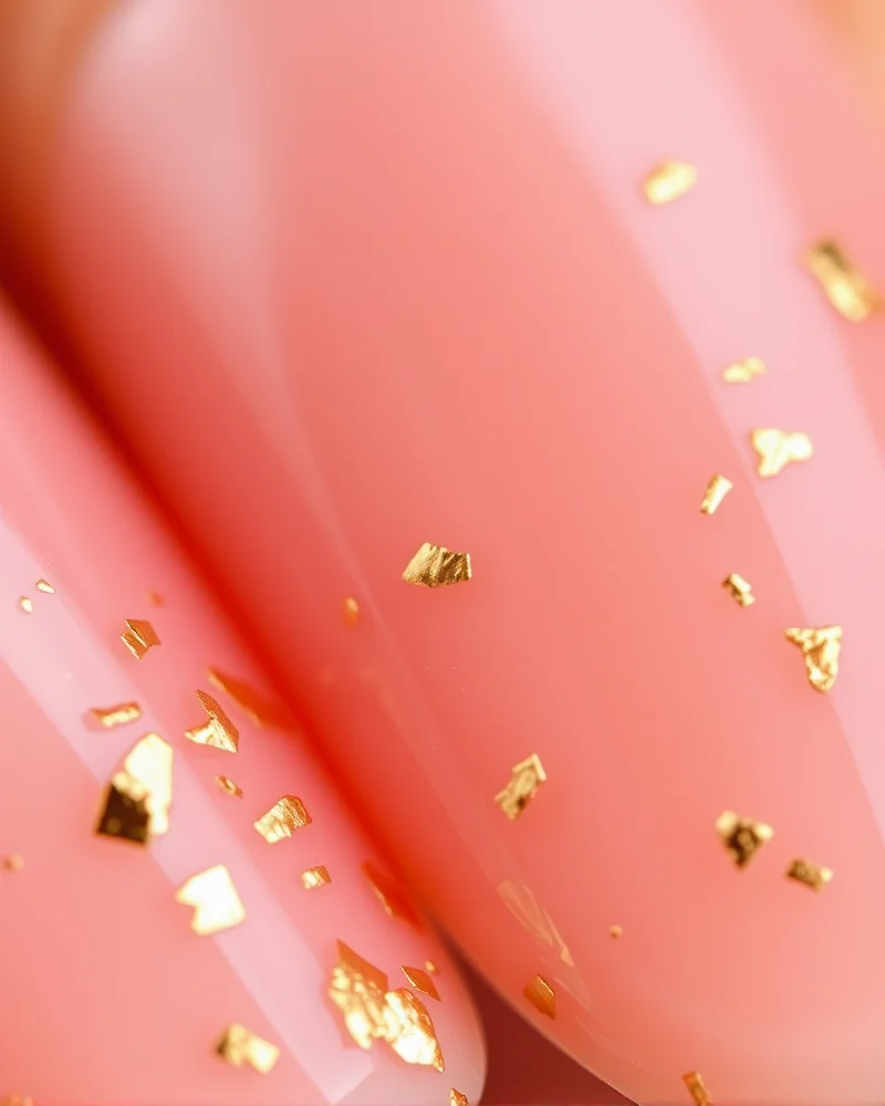 Natural almond shaped nails featuring subtle gold leaf foil accents.