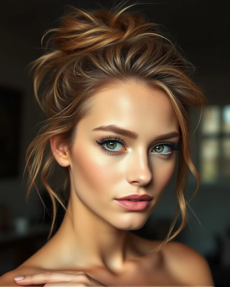 Model with a messy top knot and subtle shimmer firework makeup.