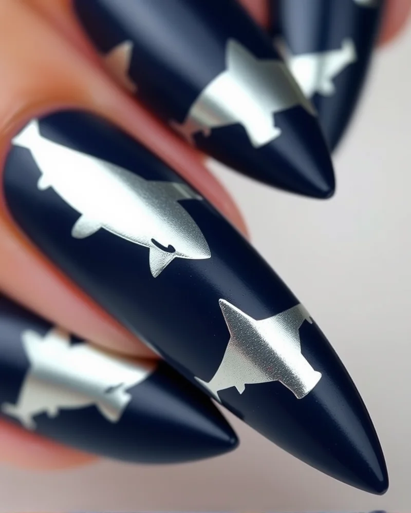 Shark Week Nails: 7 Fierce Designs to Make a Splash This Season 6 Matte navy blue nails with chrome shark silhouettes.