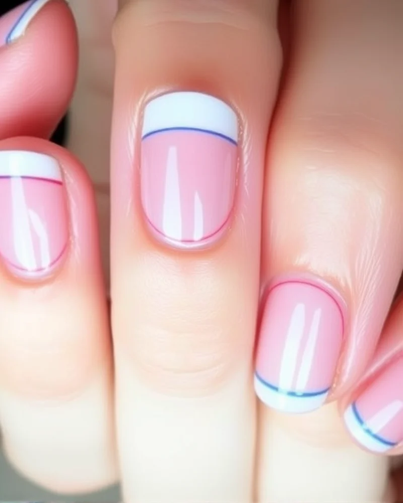 Short natural nails with ultra-thin, delicate micro-French tips in alternating red and blue colors.