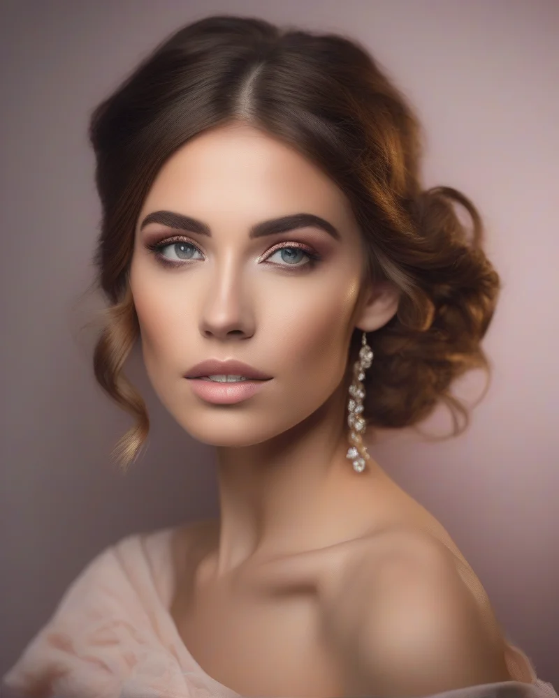Portrait of a person with a soft, romantic updo and glam makeup look.