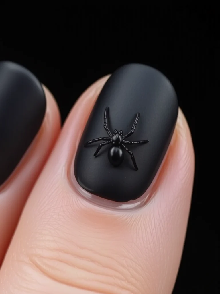 Matte black nails with a subtle spider accent.