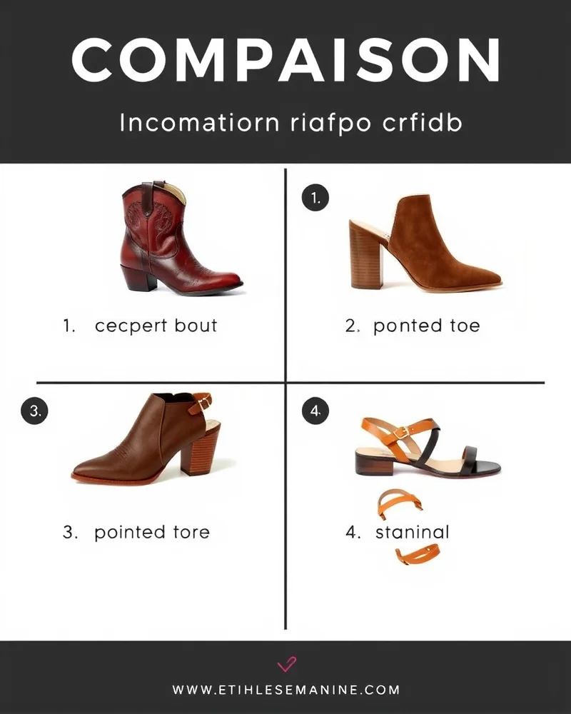 A comparison grid showcasing four different types of elegant footwear suitable for western-themed weddings.