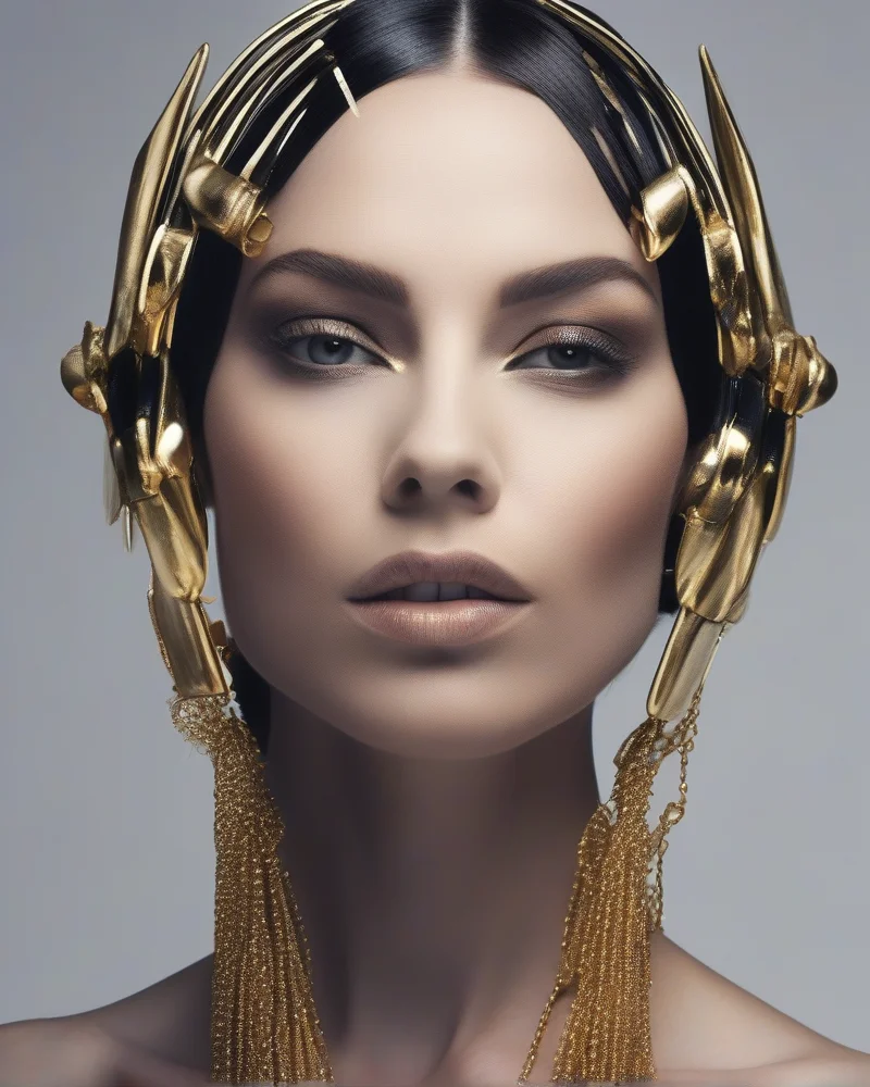 Model with a sleek black bob and gold accessories for a Cleopatra costume.