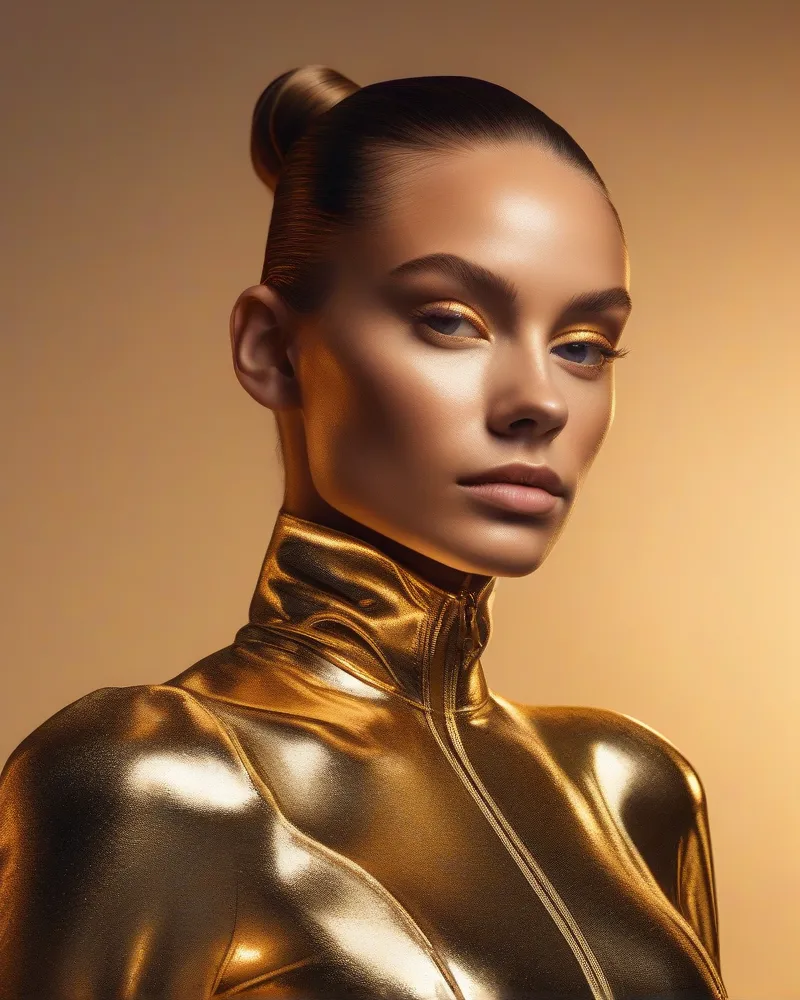 Close-up of a glowing gold highlighter on the face of a person with a slicked-back ponytail.