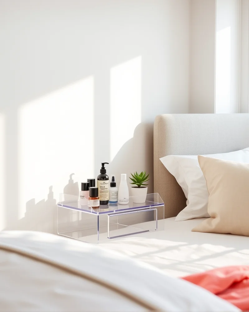 A modern, clear acrylic stackable nightstand in a bright and airy dorm room.