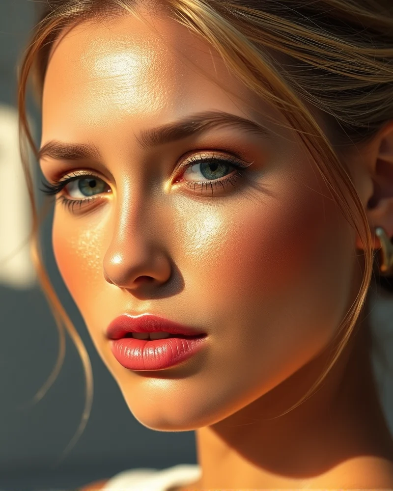 7 Viral 4th of July Makeup Looks That Will Stop the Show 6 A beauty portrait showcasing glowing, bronzed summer skin with gold highlighter and an elegant, loose messy bun hairstyle.