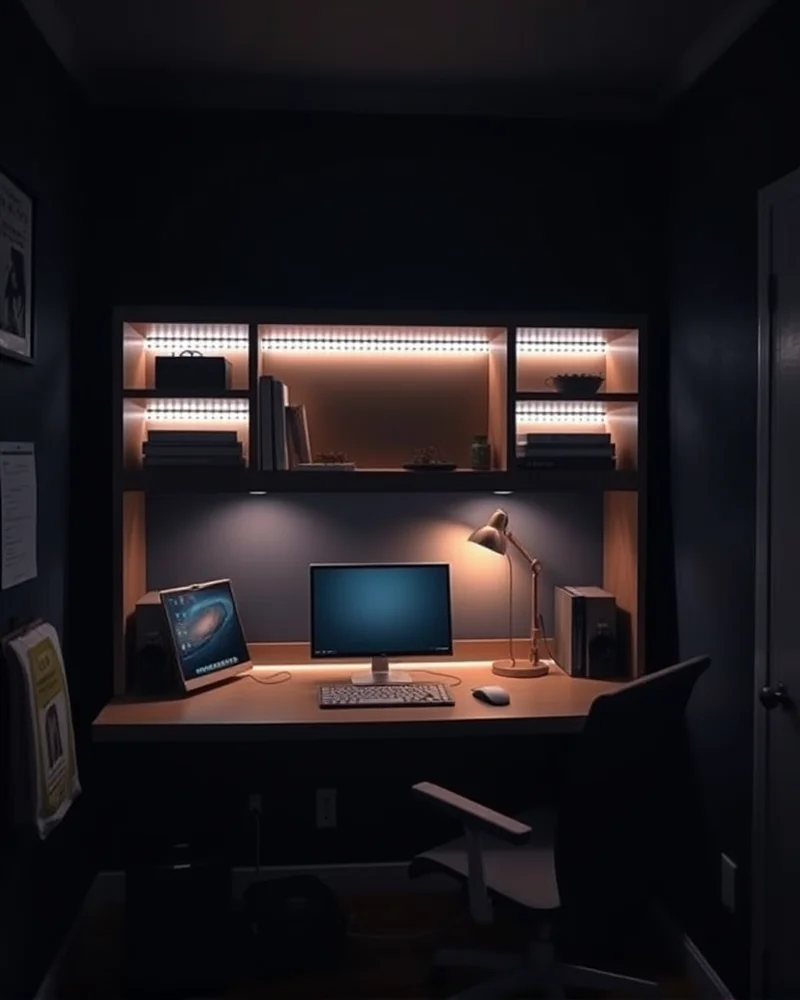A dorm desk hutch illuminated by warm under-shelf LED lighting, creating a focused and cozy atmosphere.