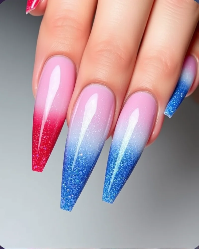 7 Viral Bomb Pop 4th Nails: The Ultimate Retro-Cool Manicure Trend 6 Stiletto nails covered in a sparkling glitter finish with a red, white, and blue gradient pattern.