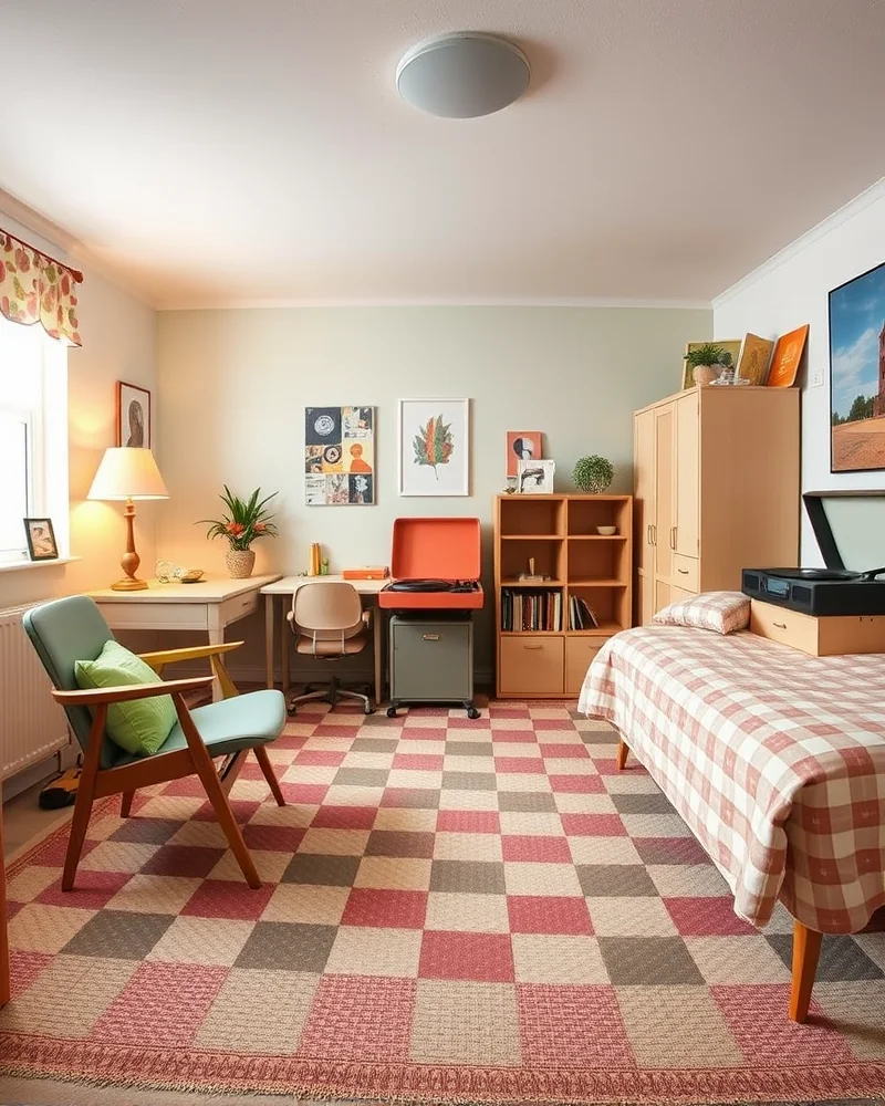 A stylish retro-themed dorm room with a checkerboard floor, pastel accents, and mid-century modern furniture pieces.
