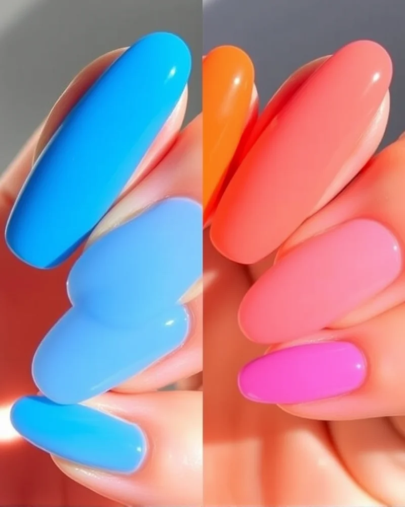 7 July Nails Trends That Will Make Your Summer Manicure Pop 6 An infographic-style grid showing four variations of translucent jelly nails in blue, pink, orange, and purple hues.