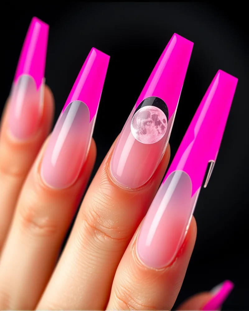 7 Viral July Nails 2026 Trends You Need to Try Before August 7 Close-up of sharp stiletto nails featuring a clear negative space design with bold neon pink tips and half-moon cutouts.