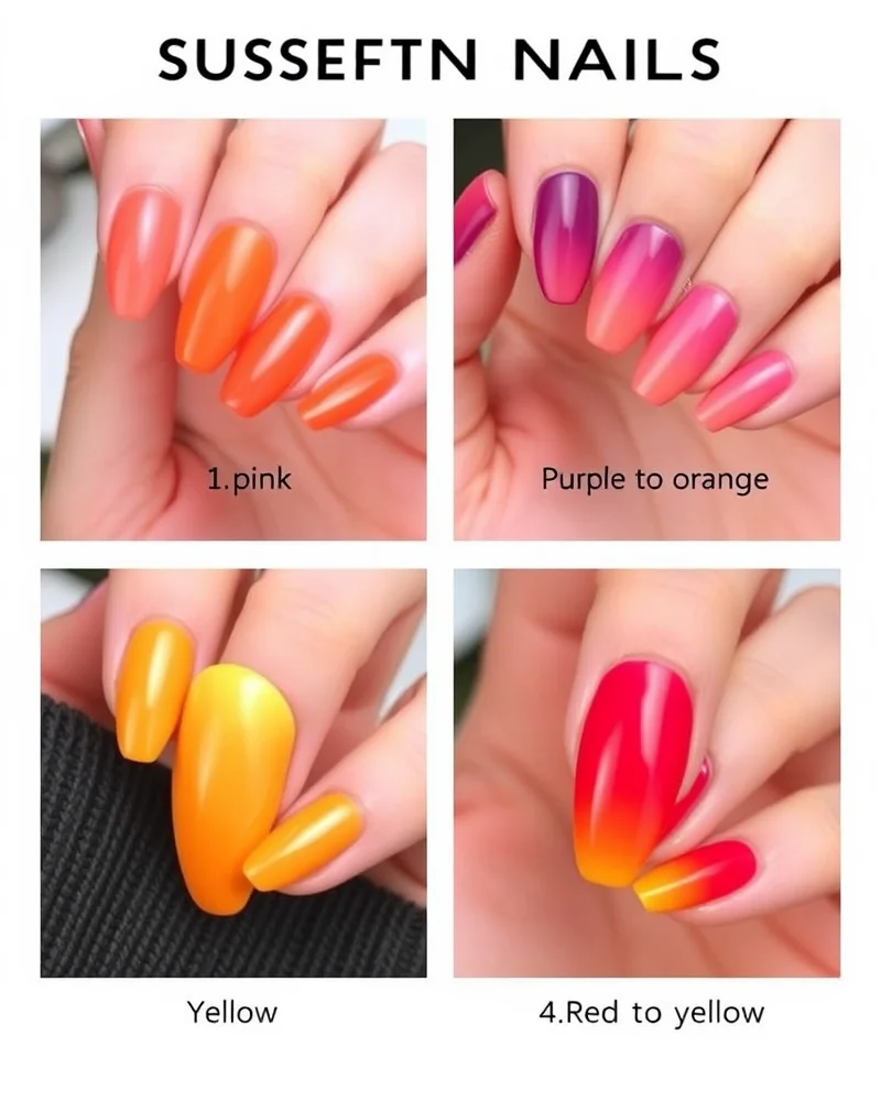 7 Viral July Nail Colors That Are Defining This Summer’s Aesthetic 7 A 2x2 grid showing four variations of sunset-inspired ombré nail art on almond-shaped nails, displaying different color transitions from warm to vibrant.