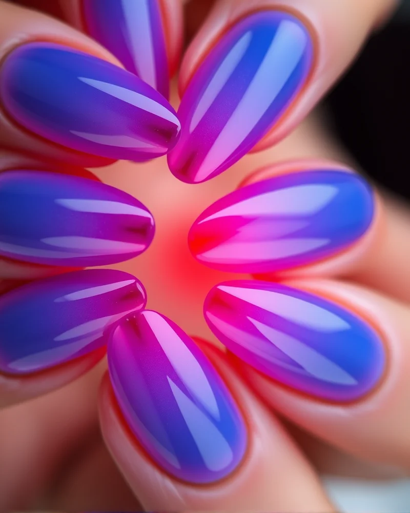 7 Viral 4th of July Nails Blooming Gel Designs You Need to Try 7 Ballerina-shaped nails showcasing a smooth transition from royal blue to cherry red, achieved through a blooming gel ombre technique.