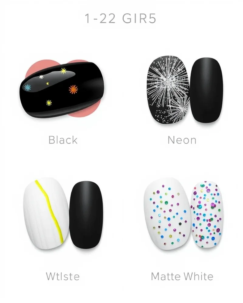 7 Viral Firework Nail Designs That Will Ignite Your Manicure Game 7 Infographic showing a 2x2 grid comparing matte and glossy nail finishes with various firework art designs.