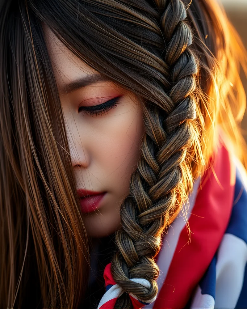 A detailed shot of a thick braid with a patriotic silk scarf woven through the hair strands.