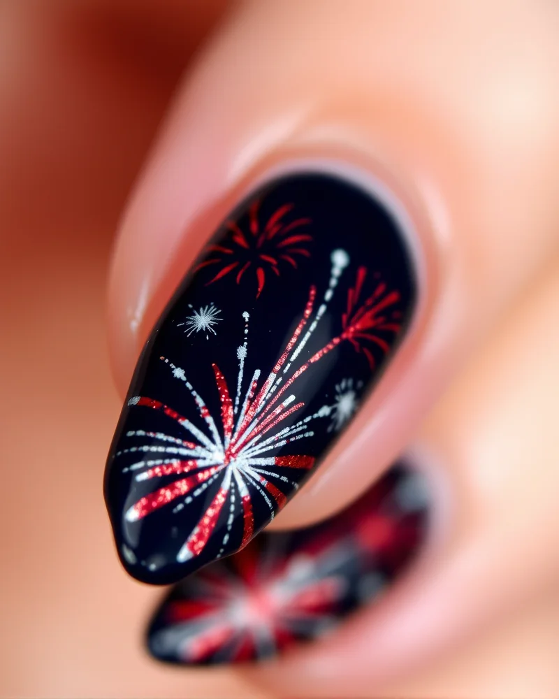 10 Chic Ways to Wear Red White and Blue Nails for Any Occasion 7 Stiletto-shaped nails with a deep navy background and hand-painted firework designs in red and white glitter.