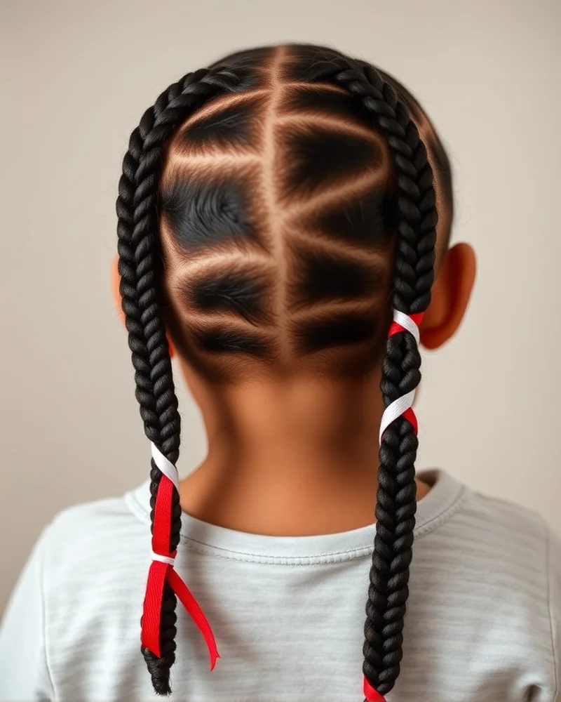 7 Viral 4th of July Toddler Hair Ideas That Stay Put All Day 7 A side-profile shot of a toddler with two neat cornrow braids woven with red and white ribbons.